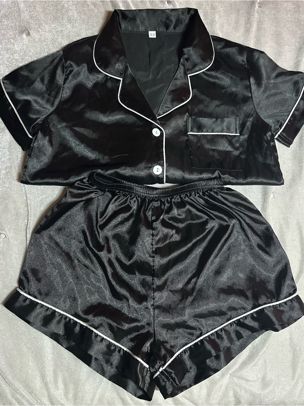 SHEIN Black Satin Short Sleeve Pajama Set with White Piping